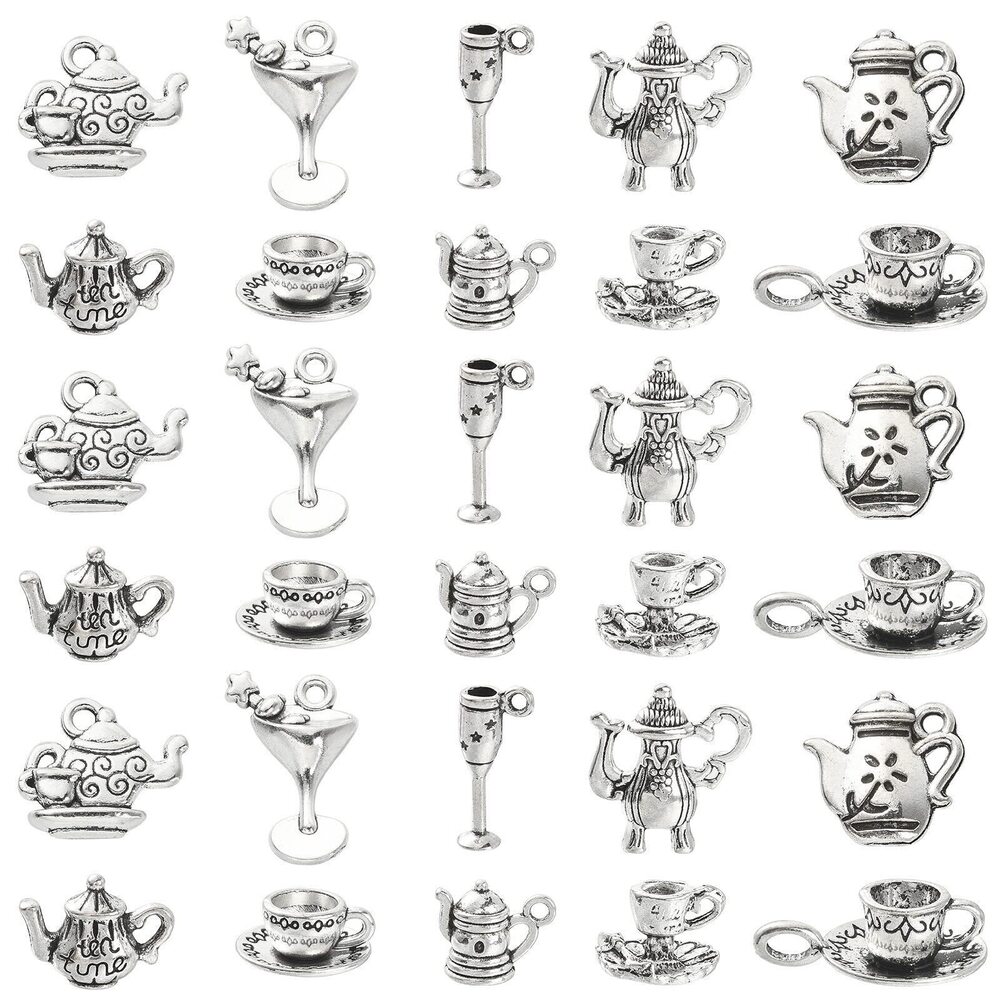 1973 100Pcs 10 Styles Antique Silver Afternoon Tea Theme Charms Tea Cup